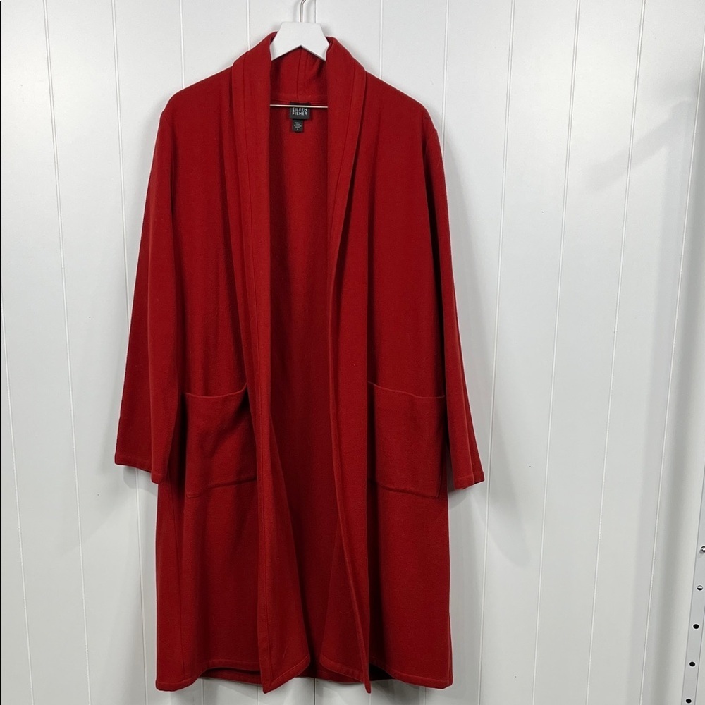 Eileen Fisher Womens Vintage Coat S (OS) Red Long Lines Open Front Shawl Collar